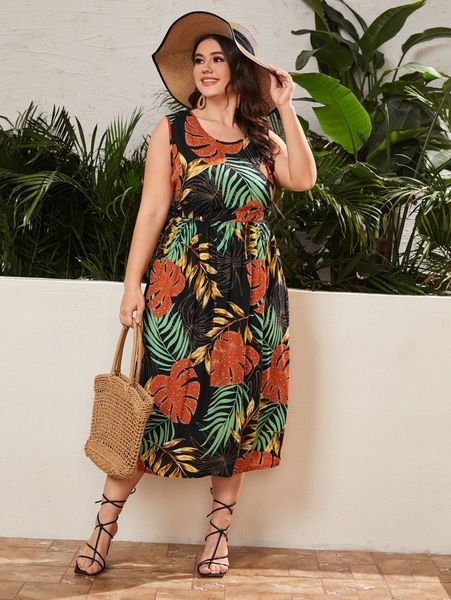 

plus tropical print a-line dress p3xa#, Black
