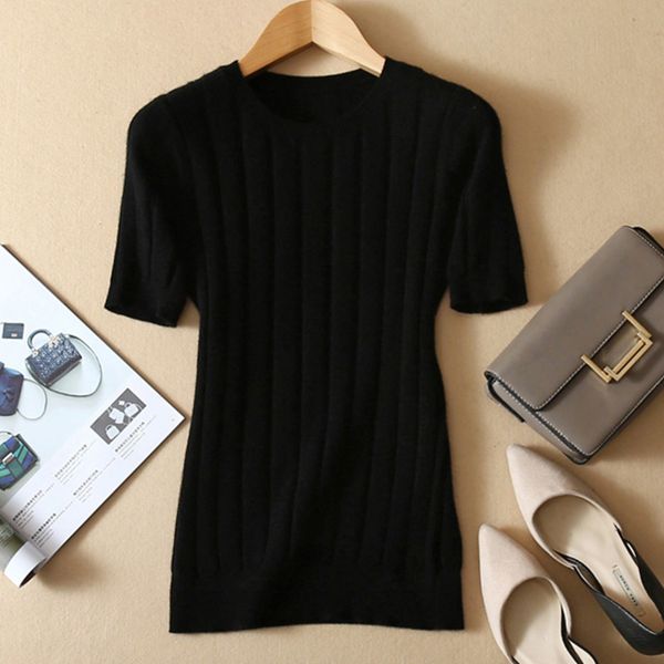 

ladies knitted cashmere wool pullovers round neck short sleeve solid sweater coat knit jumper 2019 autumn clothes, White;black