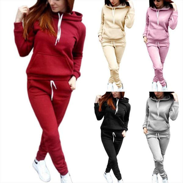 

women hooded two piece set female casual drawstring front pocket tracksuit pullover pant outfit 2020 autumn lace up suits, Black