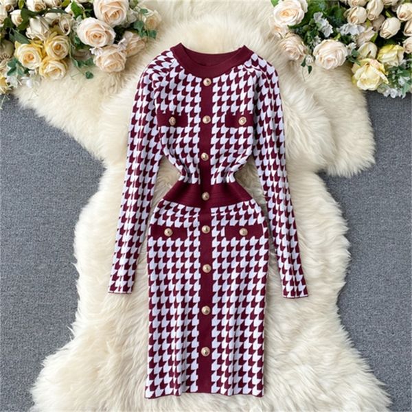 

2021 new new retro houndstooth knitted bag hip skirt ladies fashion long-sleeved slim short dress 76iv, Black;gray