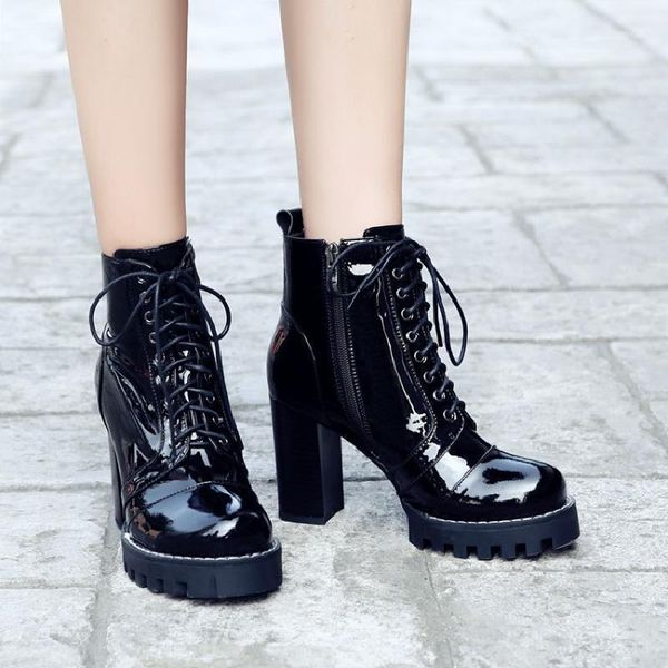 

beautiful shoes women's shoes chalaza boots patent leather layer genuine leather boots coarse with high with1, Black