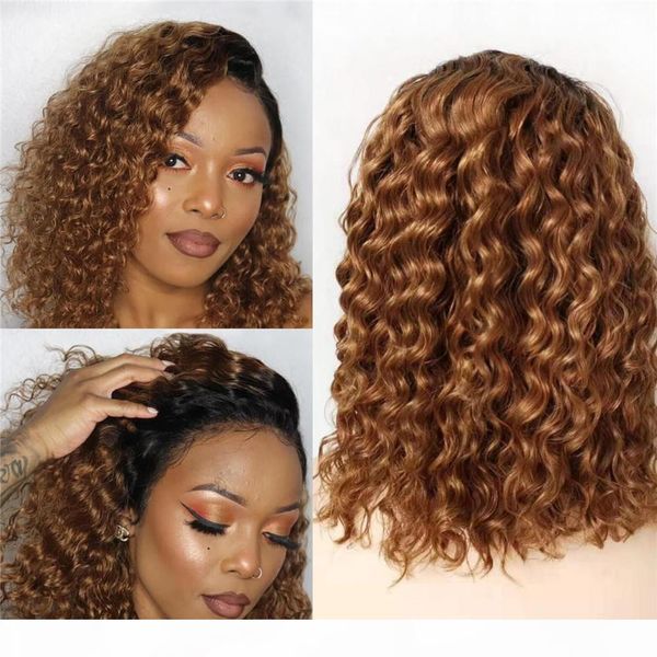 

ombre 1b 30 short bob wigs human hair water wave 13x6 lace front bob wig with baby hair 150% density, Black;brown
