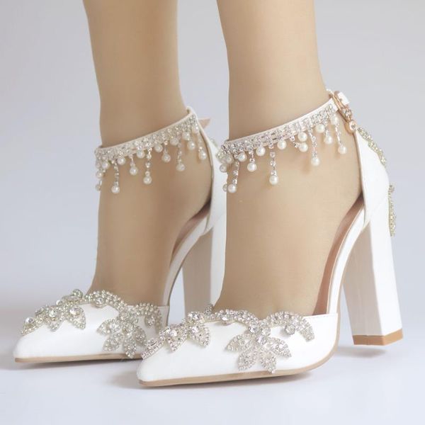 

sandals 2021 white wedding shoes with thick super high-heeled bridal one-word buckle fringed rhinestone womens, Black