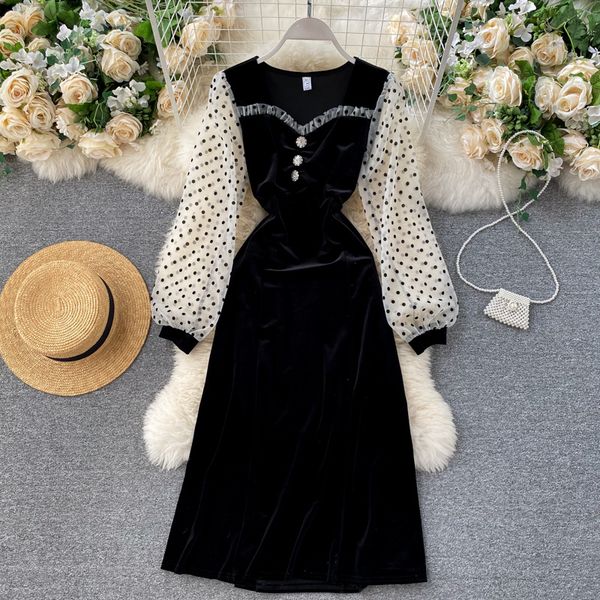 

2021 new female splice from vintage mesh polka dot puff manga dressed in autumn to elegant line velvet dress uqvw, Black;gray