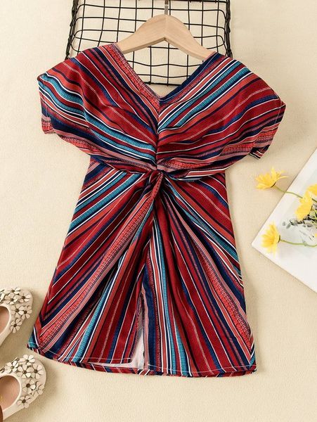 

toddler girls block striped batwing sleeve twist front split hem dress she, Red;yellow