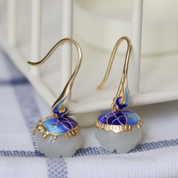 

new silver natural hetian white jade earrings enamel carp chinese classical national style women charm brand jewelry