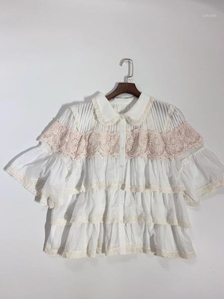 

women shirt lapel stitching soft lace loose short sleeve lovely sweet shirt1, White