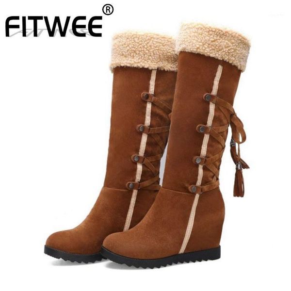 

fitwee women winter high heels knee high boots cross strap retro wedges long boots fashion shoes woman footwear size 32-431, Black