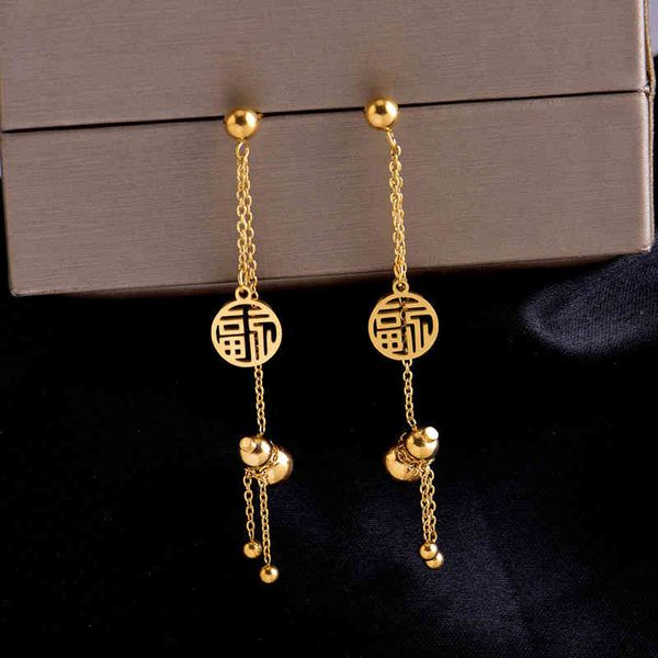 

charms earrings chinese style titanium steel fortune gourd fu word female summer 2022 high-grade light luxury long, Golden
