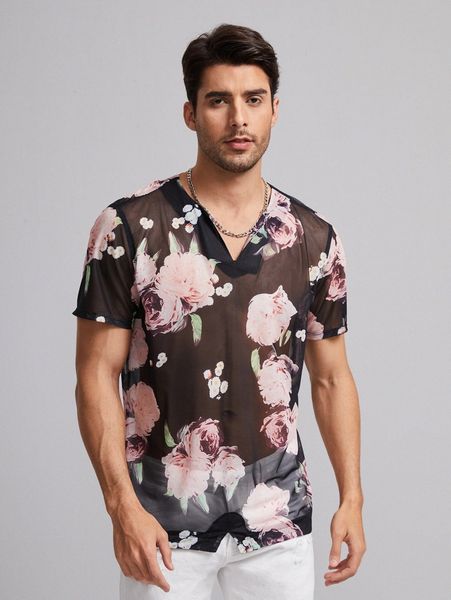 

men floral print sheer mesh x9vx#, White;black