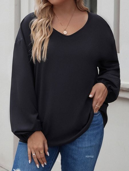 

plus lantern sleeve crisscross back blouse 49c0#, Black