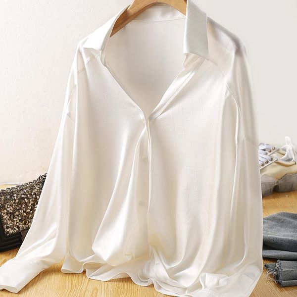 

mulberry silk] корейской моды белая рубашка топы блузка с длинными рукавами весна осень-стрит управление леди женщины шелковую рубашку, White