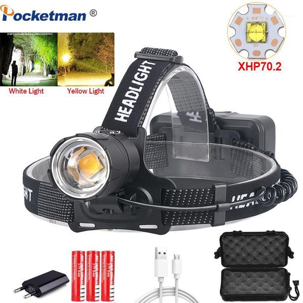 

most powerful headlight xhp70.2 led headlamp white yellow light zoomable head light usb head lamp 18650 rechargeable battery1