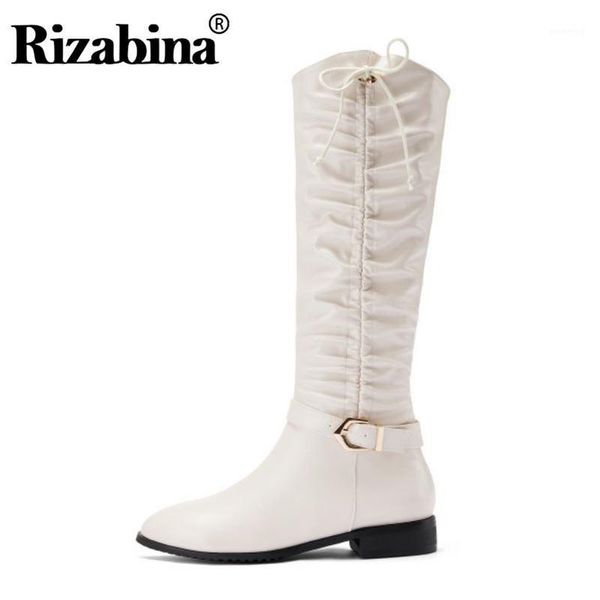 

boots rizabina women knee high pu leather solid color side zipper long winter warm buckle footwear size 34-401, Black