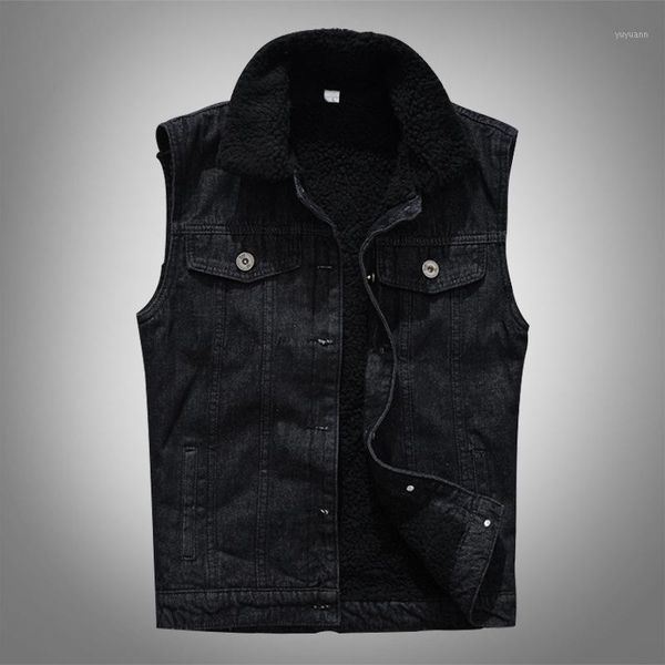 

fashion men autumn winter fleece thick denim vest black slim sleeveless single breasted casual coats male wild clothing tide1, Black;white