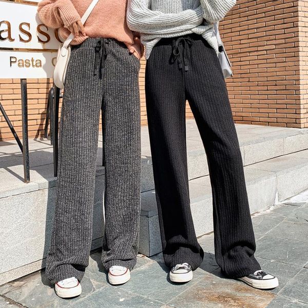 

women's pants & capris thicken sweater women fall winter wide leg pant loose straight large size high waist casual trousers lace-up ela, Black;white