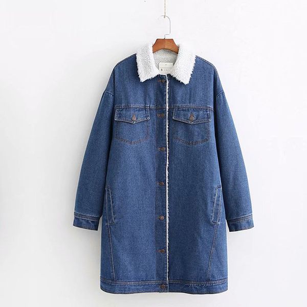 

2021 new winter new women mid-length single-breasted casual loose-collar fleece female denim jacket a4nf, Black;brown