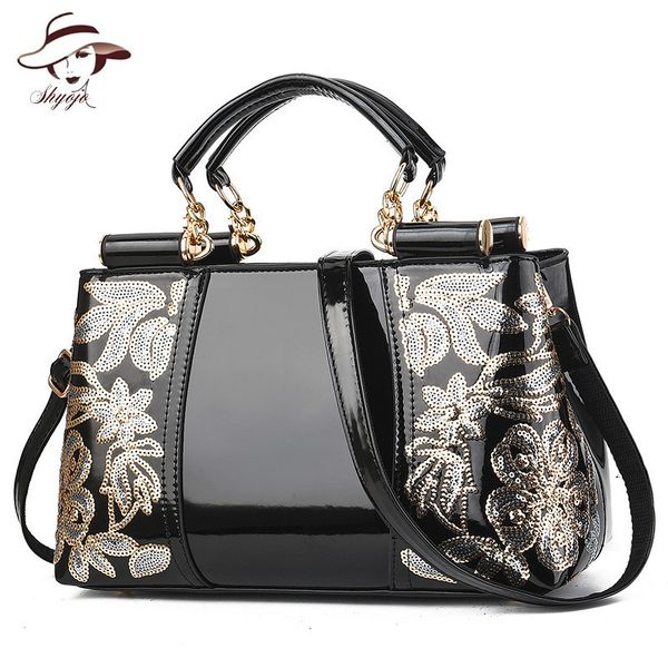

embroidery flower handbag patent leather women evening bags big shoulder purse female floral crossbody handbag casual tote bags c1223