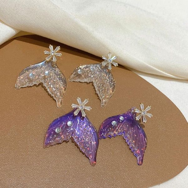 

stud clear crystal fishtail zircon earring fantasy flower blingbling purple colorful elegant sense of quality earrings, Golden;silver