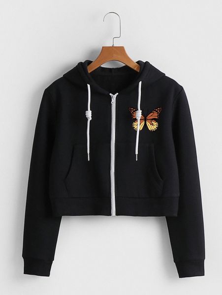 

butterfly print zip up drawstring thermal hoodie c2hx#, White;black
