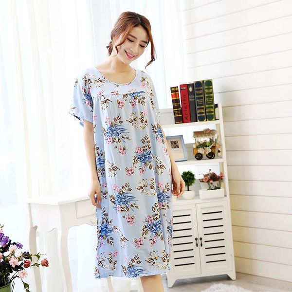 

women's sleepwear summer nightgowns short sleeve woven cotton long dress female plus size -5xl fashion floral printed, Black;red