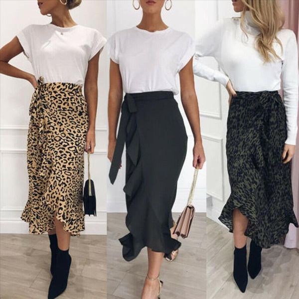 

women leopard print skirt wrap over asymmetric loose elastic high waist midi skirt evening party casual s-xl, Black