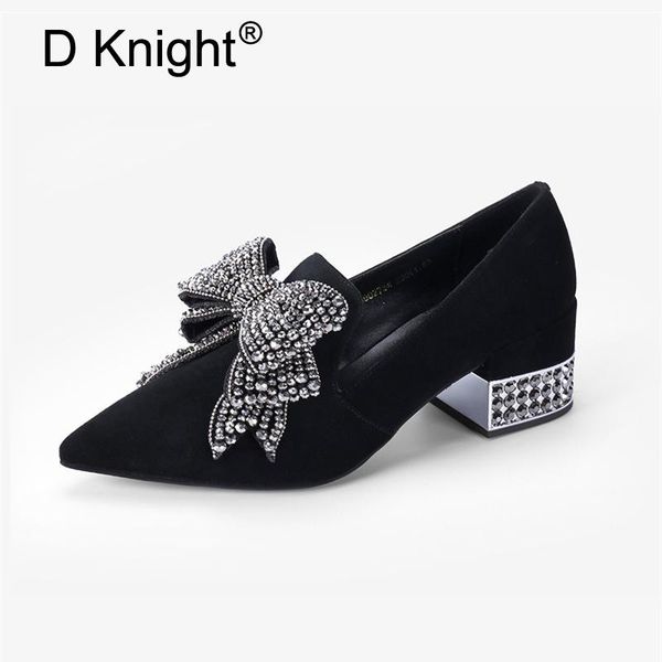 

dress shoes 2021 spring high-heeled women pointed toe bow rhinestone high thick heels pumps slip on office lady, Black