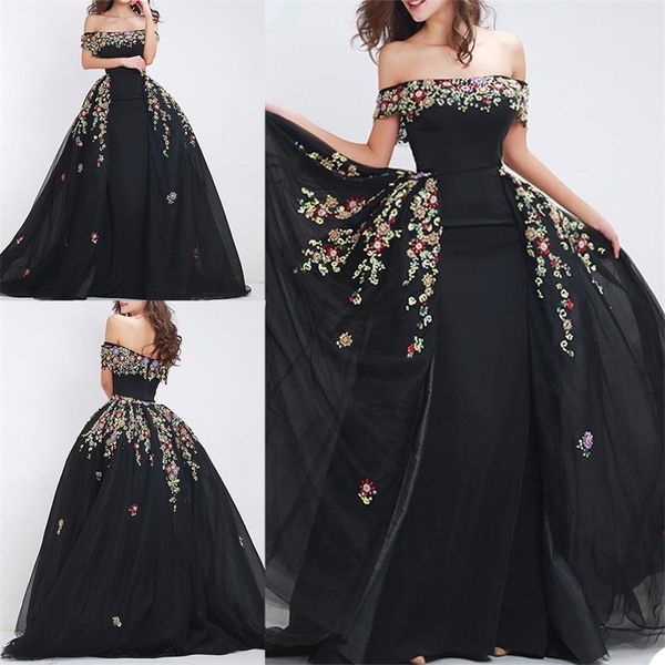 

luxury black evening dresses with detachable train bateau sequins beads floral appliqued prom dresses custom made amazing pageant gown, Black;red