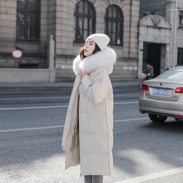

winter new style korean version fashionable over the knee big hair collar thickened white duck down coat is super long1, Black
