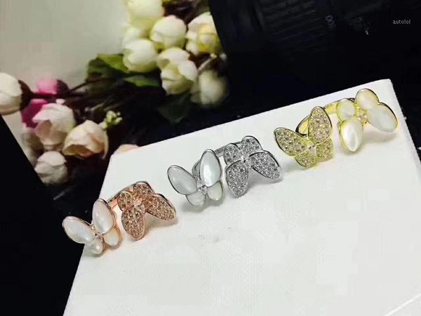 

fashion jewelry for women butterfly ring two buttflies clover flower jewelry mother shell pearl ring, Golden;silver