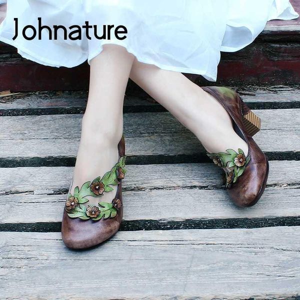 

dress shoes johnature high heels 2021 spring pumps women genuine leather buckle strap retro flower platform ladies shoes1, Black