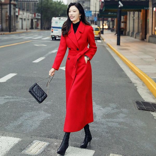 

women 2020 winter new fashion long double breasted woolen coats female x-long solid color ladies slim warm outcoat with belt l361, Black