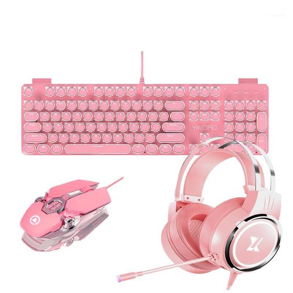 

girls e-sport gaming combos punk retro keycaps mechanical keyboard green switch led backlit earphone 3200dpi wired mouse for pc1