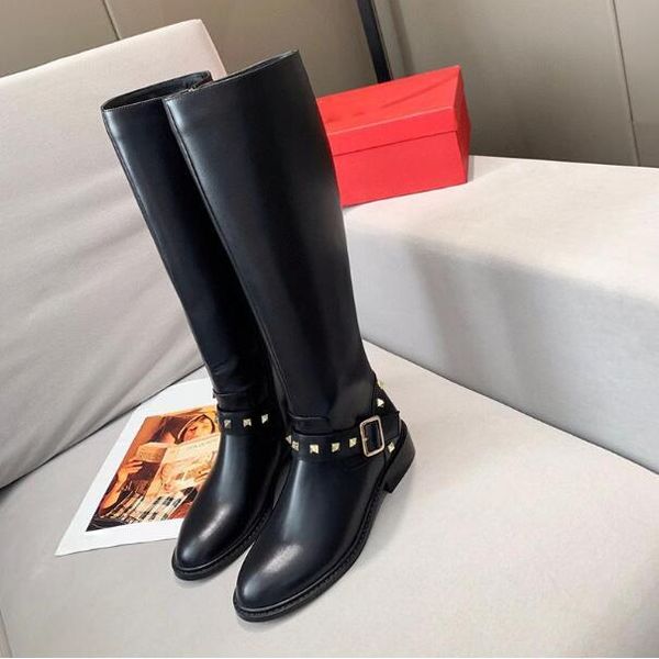 

designer womens boots luxury black side zipper rivet round head metal square buckle boot with box size 35-40