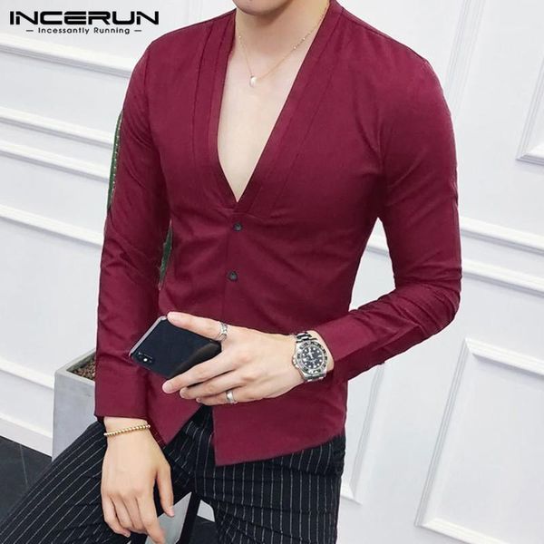 

incerun men shirt deep v neck solid color button long sleeve slim camisa fashion brand party clubwear men dress shirts 2019 3xl1, White;black