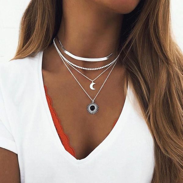 

chokers gold silver color multilayer chain necklace women jewelry simple boho snake choker stone moon pendant, Golden;silver