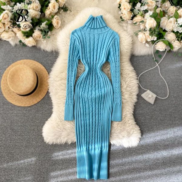 

singrain thicken turtleneck knitted dress autumn long sleeve elastic slim bodycon dresses winter warm split sweater dress, Black;gray