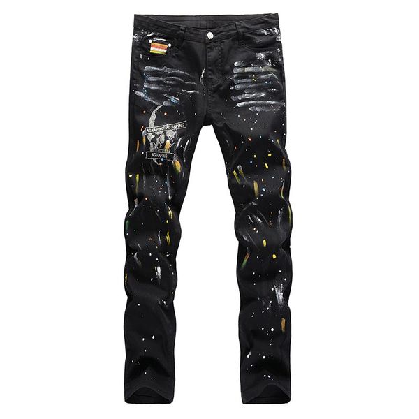 

men's crystal skull painted black denim jeans slim straigth stretch pants trousers, Blue