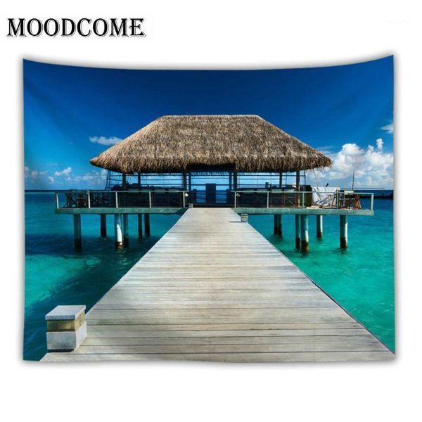 

tapestries blue ocean landscape wall textile tapestry printing chalet beach towel blanket polyester fabric wood bridge carpet1