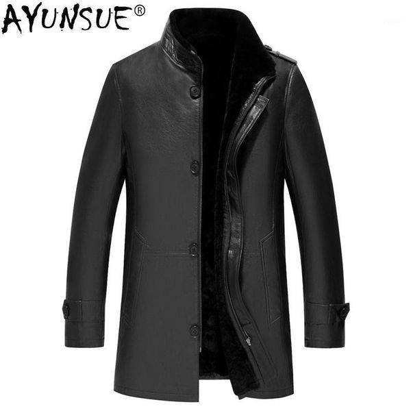 

ayunsue men's leather jackets winter jacket men real wool fur liner coat genuine goatskin coats plus size 5xl chaqueta my14161, Black