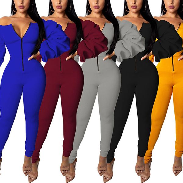 

cross-border european and american fashion off-shoulder collar pile style sleeve slim fit bodysuit high elastic thick space layer pants, Gray
