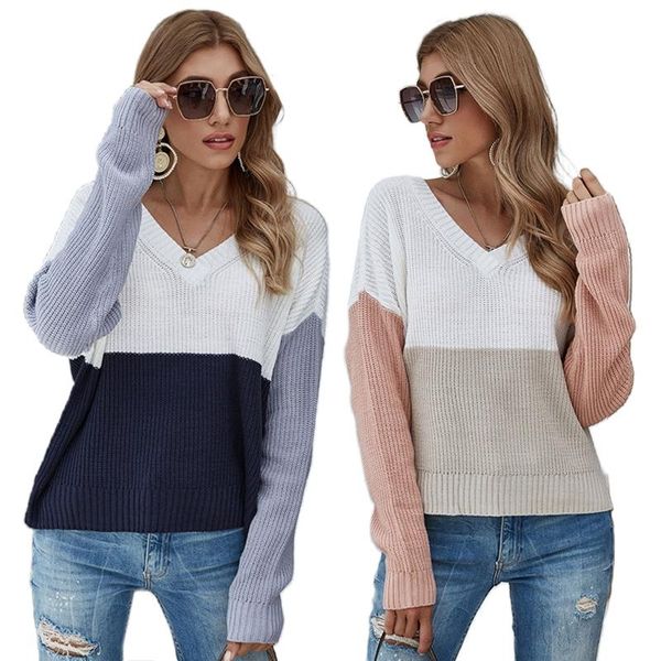 

women's sweaters women long sleeve v-neck sweater color block ribbed trim jumper knitwear, White;black