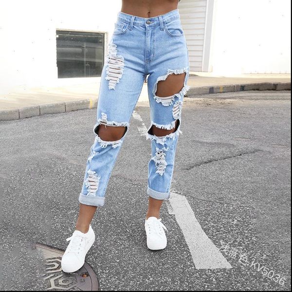 

wepbel women fashion trousers denim trousers pants jeans ripped jeans high waist womens pocket bleached holes, Blue