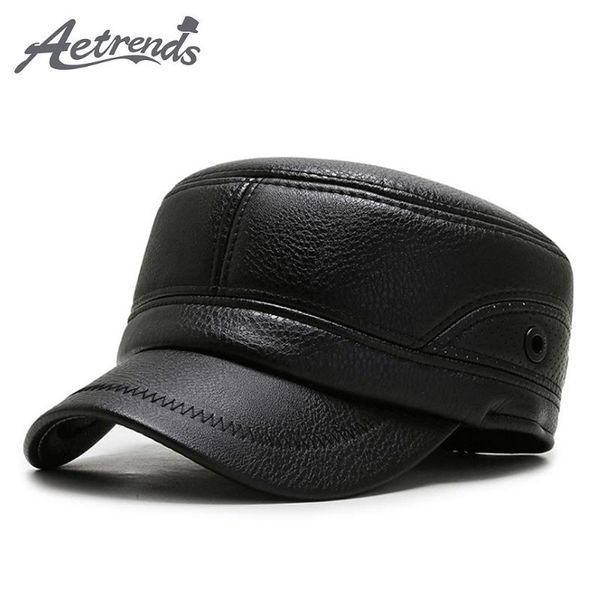 

[aetrends] winter pu leather cap with earflap hats cadet army flat hat outdoor z-10062, Blue;gray