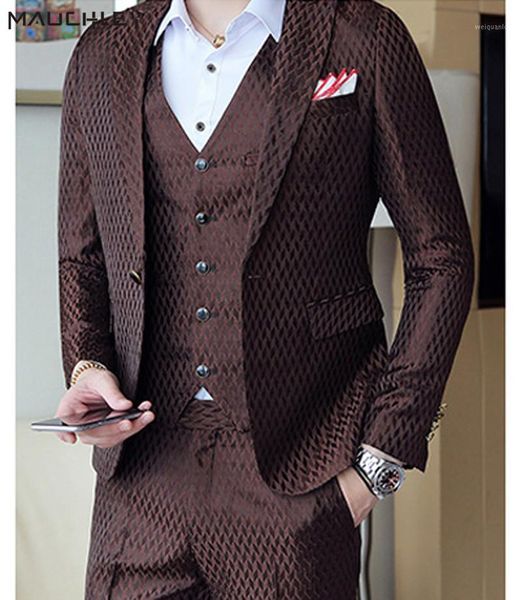 

2021 boys coffee fashion geometric plaid printed men suit vest with pants 3 piece slim fit wedding tuxedo suits for men mauchley1, White;black