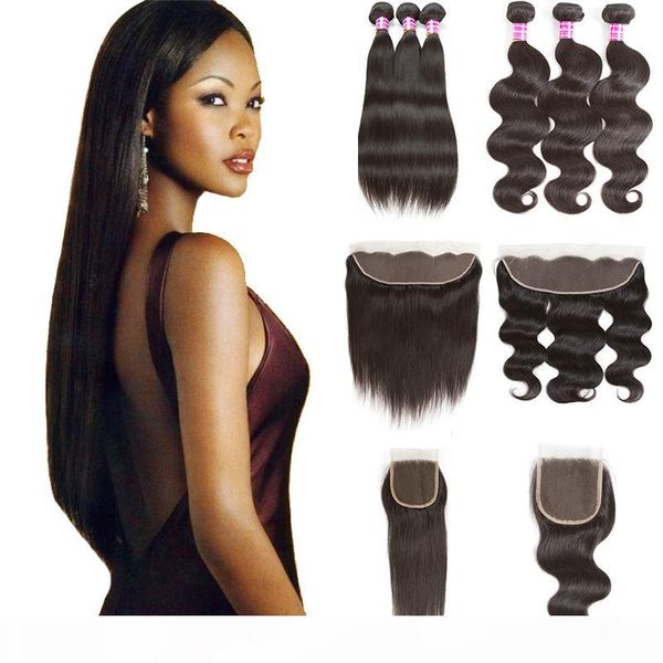 

raw indian virgin human hair bundles with closure 10a straight extensions unprocessed body wave hair weaves with frontal bulk order vendor, Black;brown