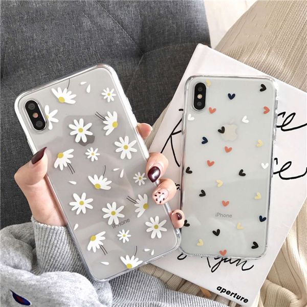 

transparent own case for vip 11 6 6s 7 8 plus 11 pro xs max xr x love, soft silicone case with daisy and heart