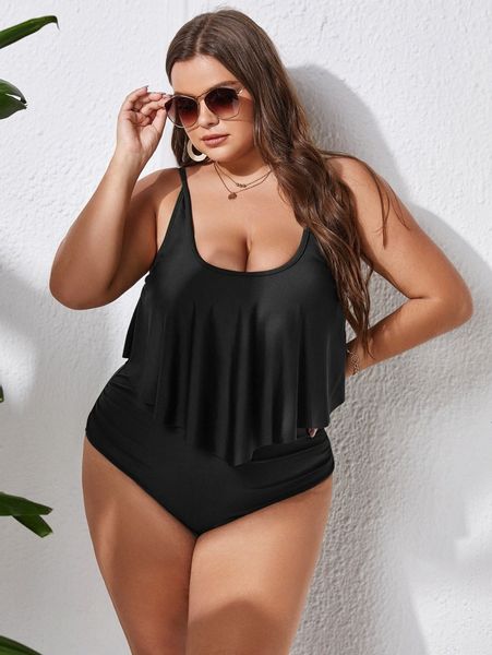 

plus solid hanky hem shorts bikini swimsuit y4bl#, Black
