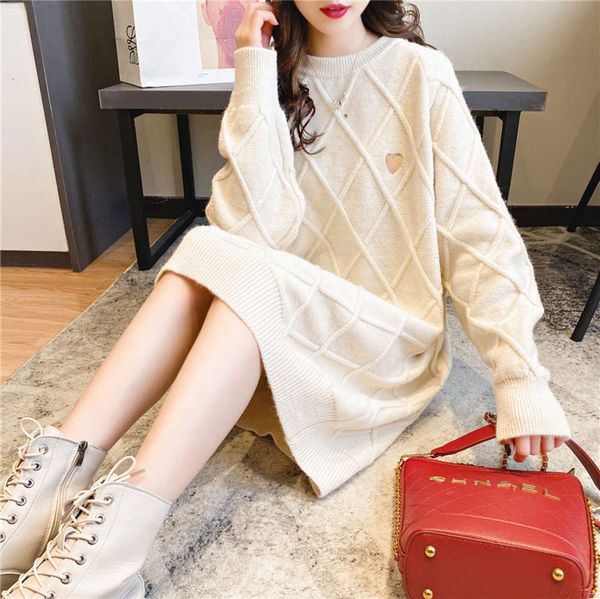 

medium length thickened round neck women's pullover autumn and winter new korean version very fairy loose lazy style sweater skirt, White;black