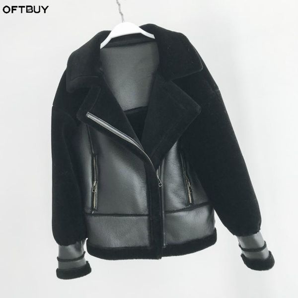 

oftbuy 2020 real fur coat winter jacket women moto biker outerwear real sheep shearing wool fur liner faux leather pu casual, Black